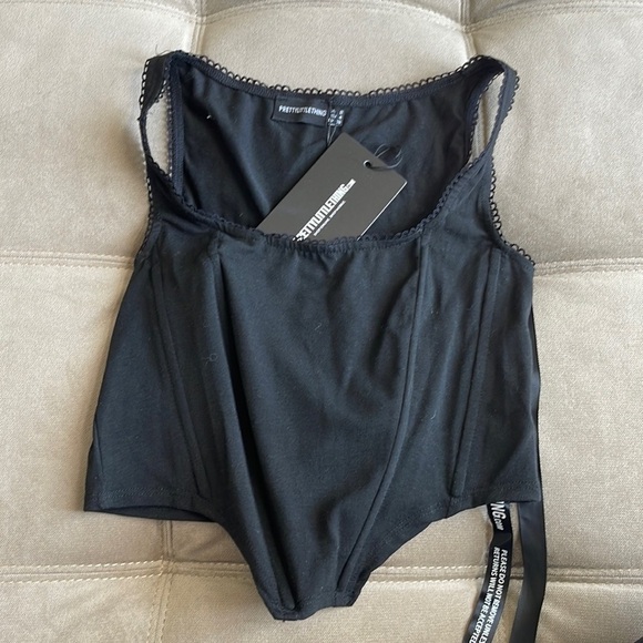 Pretty Little Thing BLACK WOVEN LACE TRIM BONED CORSET TOP Size S/4 - Picture 2 of 4